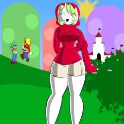 covered_face exposed_panties green_hair hood hood_up hoodie luigi mario mario_(series) mrartist2005 mushroom_kingdom pale-skinned_female pale_skin question_block shy shy_gal shy_gal_mask shy_gal_red shygal super_mario_bros. sweater thighhighs thighs wahoo