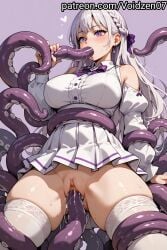 1female 1girl ai_generated ass big_ass big_butt breasts cape cum cum_in_mouth cum_in_pussy cum_inside emilia_(re:zero) female girly half-dressed half_naked innie_pussy long_coat looking_at_viewer looking_pleasured purple_background pussy pussy_peek re:zero_kara_hajimeru_isekai_seikatsu solo solo_female solo_focus staff tentacle tentacle_in_mouth tentacle_in_pussy tentacle_monster tentacle_penetration tentacle_rape tentacle_sex thick_thighs thigh_highs voidzen white_clothing white_hair