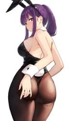 1girls animal_ears ass black_leotard black_pantyhose breasts commentary fake_animal_ears fake_tail female fern_(sousou_no_frieren) from_behind highres large_breasts leotard long_hair looking_at_viewer pantyhose playboy_bunny purple_eyes purple_hair rabbit_ears rabbit_tail sideboob simple_background solo sousou_no_frieren tail white_background wrist_cuffs yami_anko