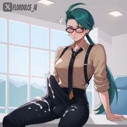 1futa ai_generated collared_shirt cum cum_on_clothes earrings embarrassed erect_penis erection erection_under_clothes erection_under_clothing flordulce futa_only futanari glasses green_hair indoors long_hair looking_away office pants penis pokemon pokemon_sv red_eyes rika_(pokemon) shy sitting solo_futa spread_legs suspenders tie