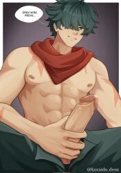 1boy abs cock erection green_hair hand_on_penis kuraido_desu lighter_(zenless_zone_zero) male male_only muscular muscular_male nipples pants penis penis_out precum scarf scars solo solo_male zenless_zone_zero