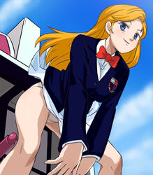 blazer blonde_hair blue_eyes bow bowtie cloud female haruyama long_hair minerva minerva_(transformers) panties robot school_uniform skirt sky smile solo transformers transformers_masterforce underwear upskirt white_panties wind_lift