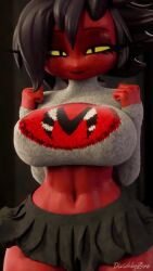 1girl 3d 3d_animation animated artist_name black_hair bouncing_breasts breasts colored_sclera demon demon_girl demon_horns demon_tail dividebyzero female gif helluva_boss horns huge_breasts imp looking_at_viewer millie_(helluva_boss) short_hair skirt solo tail yellow_sclera