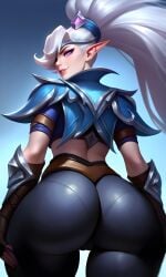 ai_generated ass_focus elf miya miya_(mobile_legends) mobile_legends pants pixai ponytail purple_eyes white_hair