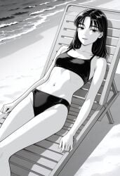 ai_generated beach black_bikini female flexing initial_d light_smile looking_at_viewer manga_style monochrome ocean omi_tsugumi sitting skinny slim_body slim_waist