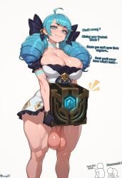 1futa ahoge ai_generated big_breasts blue_eyes blue_hair blush bow breasts cleavage collarbone dress english futa_only futanari gloves gwen_(league_of_legends) hanging_balls hextech_chest holding_object huge huge_testicles huge_thighs large league_of_legends looking_at_viewer muscular_thighs noonyx out penis penis_in_box puffy riot_games sagging_testicles shiny short simple simple_background skin sleeves smile smug solo stable_diffusion standing sweat testicles text thick thighs twintails uncensored viewer white_background