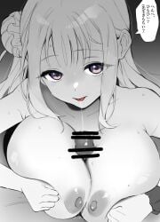 1boy bar_censor blue_archive blush breasts breasts_squeezed_together censored chipietsu commentary ear_blush female greyscale hair_bun highres large_breasts long_hair looking_at_viewer mika_(blue_archive) monochrome nipples paizuri penis purple_eyes scrunchie single_hair_bun solo_focus speech_bubble spot_color straight tongue tongue_out translation_request wrist_scrunchie