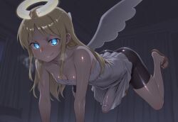 1futa ai_generated angel_wings blonde_hair blue_eyes broken_halo crimvael dark_room erection_under_clothes floating futanari glowing_eyes halo ishuzoku_reviewers jouthechou more_at_source penis small_breasts smile visible_breath