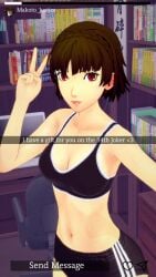 bare_shoulders belly_button brown_hair cleavage evaan makoto_justice makoto_niijima medium_breasts medium_hair pale-skinned_female pale_skin persona persona_5 posing posing_for_picture posing_for_the_viewer red_eyes shepirotcloud shorts slim_waist sports_bra sports_shorts sportswear story sweat sweatdrop sweating teasing teenager text top v_sign wet wet_body wet_skin wide_hips