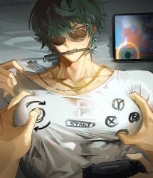 1boy bara bara_tiddies bara_tits big_pecs biting biting_object blue_hair blush clothed dog_tags flushed flushed_face gay grabbing_pecs groping groping_pecs groping_through_clothes joystick lighter_(zenless_zone_zero) male_focus male_only muscular muscular_male nipple_play nori31291404 object_in_mouth pecs pecs_grab pov pov_hands pulling_shirt solo_focus solo_male sunglasses sweat sweatdrop sweating yaoi zenless_zone_zero