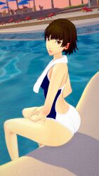 3d bare_arms bare_back bare_legs bare_thighs big_ass brown_hair child_bearing_hips evaan looking_at_viewer makoto_niijima medium_hair one-piece_swimsuit pale-skinned_female pale_skin persona persona_5 pool poolside red_eyes shepirotcloud side_view sitting sitting_on_floor slim_waist small_breasts swimsuit tagme teenager thick thick_ass towel_around_neck wet_body wet_skin wide_hips