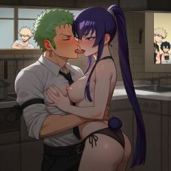 1girl ai_generated apron artist_request blue_hair clothing crossover female highschool_of_the_dead kitchen male one_piece roronoa_zoro saeko_busujima