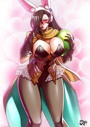 abstract_background alternate_costume animal_ears big_breasts black_hair blush brown_eyes bursting_breasts cleavage easter_egg egg fake_animal_ears female female_focus finger_to_mouth fire_emblem fire_emblem_fates fire_emblem_heroes gloves intelligent_systems jadenkaiba kagero_(fire_emblem) kunoichi leotard long_hair looking_at_viewer nintendo pantyhose playboy_bunny rabbit_ears scarf thigh_gap thighs