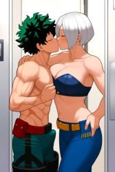 1boy1girl abs ai_generated angel_(kof) anime babe belt breast_press busty crossover crossover_shipping curvy_figure dark_green_hair deku dick fantasy hands_around_neck hard_cock hero indoors izuku_midoriya jeans jnbu king_of_fighters kissing large_breasts midriff muscular muscular_male my_hero_academia navel novelai pants sexy short_hair snk topless_male video_game_character video_games villainees young younger_male