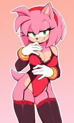 ai_generated amy_rose big_breasts clothed curvy female female gloves green_eyes hairband lingerie lowered_eyelids pink_background pink_fur pink_hair pixai red_hairband rings rings_on_wrists seductive seductive_look seductive_smile smile solo sonic_(series) sonic_the_hedgehog_(series) thighhighs white_gloves