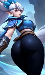 ai_generated ass_focus elf miya miya_(mobile_legends) mobile_legends pants pixai ponytail purple_eyes white_hair