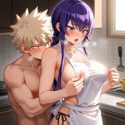 1girl ai_generated apron blue_hair boku_no_hero_academia crossover highschool_of_the_dead katsuki_bakugou kitchen my_hero_academia saeko_busujima