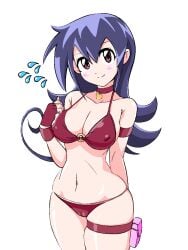 bicep_strap big_breasts bikini blush card_deck choker drawn duel_masters fingerless_gloves looking_at_viewer nipples_visible_through_clothing pendant purple_eyes purple_hair red_bikini skindentation sweatdrops tasogare_mimi thick_thighs thigh_pouch thigh_strap wagonsale wide_hips wristband