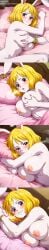 big_breasts blonde_hair carrot_(one_piece) furry_female looking_at_viewer on_bed one_piece patreon red_eyes squeezing_breast squeezing_breasts vilievans white_body white_fur