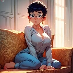 1girls ai_generated carmen_sandiego_(2019) carmen_sandiego_(franchise) clothing female female female_focus female_only glasses julia_argent julia_argent_(carmen_sandiego) pajamas pjs short_hair sitting sitting_on_couch solo solo_female solo_focus window zupern0va_(manipper)