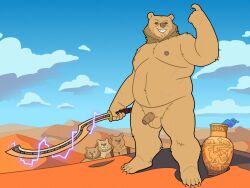 4:3 absurd_res anthro arm_tuft background_character balls barefoot bear beard beckoning belly brown_bear brown_beard brown_body brown_facial_hair brown_fur cel_shading claws cloud desert detailed_background dungeons_and_dragons elbow_tuft electricity facial_hair feet finger_claws foreskin fupa fur genitals gesture green_eyes group half-erect hasbro hi_res holding_melee_weapon holding_object holding_sword holding_weapon humanoid_genitalia humanoid_hands humanoid_penis khopesh knee_tuft leg_tuft lightning male mammal melee_weapon moobs nipples nude orange_eyes outside overweight overweight_anthro overweight_male pawpads penis quasarbearcat sand scar shaded shoulder_tuft sky smile smiling_at_viewer smoke solo_focus sword tan_body tan_fur toe_claws tuft urn ursine vase weapon wizards_of_the_coast yellow_eyes