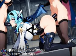 ai_generated anime anime_girl blue_hair bondage eula_(genshin_impact) female female_focus futanari gangbang genshin_impact hot_sex leather leather_clothing orgy orgy_sex sex softmage