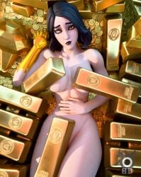 1girls 2025 3d artist_logo black_hair black_lipstick blenderdemon blind_eye breasts eye_scar female female_only fortnite gold_(metal) golden_eyes laying_down light-skinned_female light_skin looking_at_viewer marigold_(fortnite) nude nude_female scar scar_across_eye solo thighs video_games