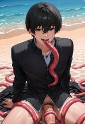 1boy absurd_res ai_generated beach beach_background black_eyes black_hair chainsaw_man hirofumi_yoshida octopus_tentacle pubic_hair school_uniform sitting tentacle_around_leg tentacle_in_mouth tentacle_wrapped_around_penis