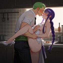 1girl ai_generated apron artist_request blue_hair clothing crossover female highschool_of_the_dead kitchen male one_piece roronoa_zoro saeko_busujima