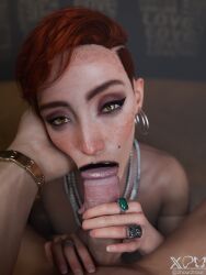 1boy 1boy1girl 1girl 2hour2 3d 3d_model 3d_render aurore_cassel balls ballsack black_lipstick blender blowjob blowjob_face cyberpunk_2077 earrings eye_contact eyebrows eyelashes eyes eyeshadow fellatio female fishnet_clothing french_female gold_jewelry handjob handjob_while_sucking just_the_tip male necklace oral oral_sex pov pov_eye_contact red_hair redhead_female ring rings watch white_body white_skin yellow_eyes