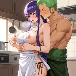 1girl ai_generated apron artist_request blue_hair clothing crossover female highschool_of_the_dead kitchen male one_piece roronoa_zoro saeko_busujima