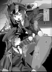 1boy blue_archive breasts camera chiaki_(blue_archive) cleavage demon_horns erory6_(ro) female greyscale hat highres horns large_penis long_hair military_uniform monochrome peaked_cap penis small_breasts translation_request