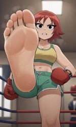 ai_generated ass bigmic145 black_eyes boxer boxing_gloves boxing_ring breasts cleavage crop_top dolphin_shorts eyeshadow feet female female_only foot_fetish foot_focus freckles freckles_on_face kim_pine medium_breasts navel netflix red_hair scott_pilgrim scott_pilgrim_takes_off soles solo solo_female stepped_on sweat sweatdrop sweating sweaty_feet toes trampling