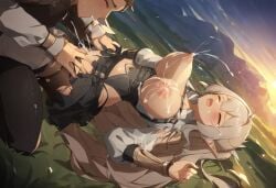 ((glaring)), belly, breast, breasts breasts, eversoul, glancing lactation, molestation, multiple_boys, nipple, out, ripping, sex, skin, squeezed torn_clothes, torn_pantyhose, torn_shirt, torn_skirt, torn_thighhighs, wet