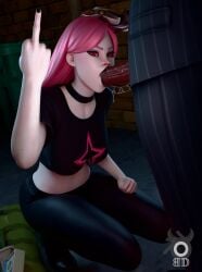 1boy 1girl 2025 3d artist_logo black_legwear blenderdemon choker clothed clothing cum dark-skinned_male fellatio female flipping_off fortnite hand_on_head haze_(fortnite) kneeling light-skinned_female male middle_finger oral pink_hair red_eyes saliva video_games