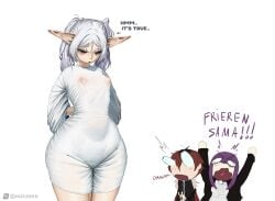 1boy 2girls breasts covered_nipples curvy dress elf elf_ears fern_(sousou_no_frieren) frieren frieren_beyond_journey's_end huchik meme nipples purple_hair red_hair see-through see-through_clothing small_breasts sousou_no_frieren stark_(sousou_no_frieren) thick_thighs thighs white_background white_hair wide_hips