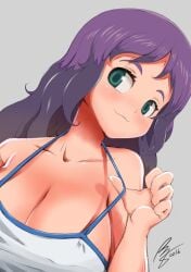 1girls 2016 :3 bare_shoulders blush breasts camisole covered_nipples green_eyes highres huge_breasts long_hair looking_to_the_side original purple_hair rogeris signature smug solo spaghetti_strap strap_lift upper_body wavy_hair