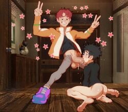 anma big_balls big_penis blowjob blush bubble_butt confident cum dandadan feet_up gay glasses happy jin_enjoji male_only nerd pubic_hair red_hair shirt_only soft_penis takakura_ken_(okarun) twink yaoi