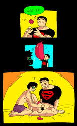 2boys batman_(series) black_hair blush bottomless condom condom_balloon condom_on_penis conner_kent dc dc_comics erection flying_sweatdrops humor kon-el male multiple_males psa puberty pubic_hair robin_(dc) robin_(tim_drake) straight_hair superboy superboy_(conner_kent) teen_titans tim_drake underwear_only wrapped_condom yaoi