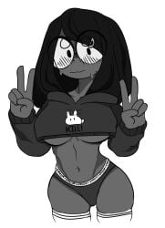 1girls 2022 belly_button black_and_white black_hair blush breasts clothed clothed_female clothing cropped_hoodie double_peace_sign double_v female female_only glasses long_hair long_sleeves looking_at_viewer medium_breasts midriff mole monochrome no_pants panties penismaster48 plain_background round_glasses sleeves solid_color_background solo standing stomach sweat text_on_clothing thick_thighs thighhighs thighs underboob white_background