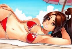 2025 ai_generated artist_name bikini breasts brown_eyes brown_hair crazyfishbones female long_hair lying red_bikini shiranui_mai solo swimsuit