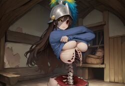 1girls adelheid_(paigen) ai_generated armor armored_female black_sclera bleeding blood breasts brown_hair clothed clothing female gore helmet hollow_eyes horror horror_(theme) large_breasts lifting_shirt long_hair looking_at_viewer missing_eye monster_girl necrophilia original original_character paigen patchwork_skin plume ribbed_sweater ribs spine sweater undead underboob yellow_eyes zombie zombie_girl