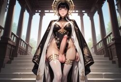 1futa ai_generated black_hair china_dress columns female futa_only futanari goddess halo large_breasts large_penis original_character self_upload solo solo_futa stairs temple thighhighs wide_hips zarastinia