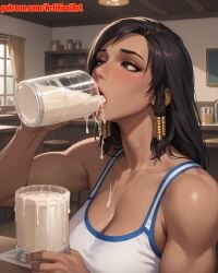 1girls ai_generated artifical_art athletic_female black_hair brown_skin cum_in_mouth curvy_female curvy_figure dark-skinned_female dripping_cum dripping_semen egyptian egyptian_female eye_tattoo eyeliner facial_markings hair_ornament mascara open_mouth orange_eyes overwatch overwatch_2 pharah semen_in_mouth semen_on_tongue tongue_out