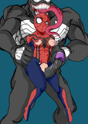 1boy 1girls anthro big_penis bigger_male exposed female imminent_rape interspecies light-skinned_female light_skin long_penis long_tongue male marvel marvel_comics masked_female mayday_parker muscular_male riding sharp_teeth smooth_skin spider-girl straight symbiote tongue_out torn_clothes venom_(marvel)