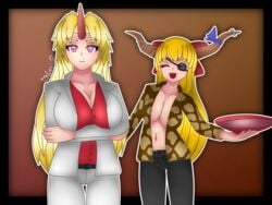 1_horn 2d 2d_(artwork) 2girls 4:3 absurd_res absurdres adults arm_behind_back arm_up arms arms_crossed bangs bare_midriff belly belly_button belt belt_buckle big_breasts big_tits black_belt black_border black_eyelashes black_eyepatch black_legwear black_pants blonde blonde_eyebrows blonde_female blonde_hair boobs border bottomwear bow breasts brown_background brown_jacket buttons chest cleavage closed_eyes clothed clothed_female clothes clothing collarbone collared_jacket color colored cosplay crossed_arms crossover_cosplay digital_drawing_(artwork) digital_media_(artwork) exposed_torso eyebrows eyebrows_visible_through_hair eyelashes eyepatch eyes eyes_closed eyewear female female_focus female_only fingers flat_colors front_view gradient_background gray_jacket gray_pants gray_suit grey_jacket grey_pants grey_suit hair hair_ribbon hand_on_arm hand_on_own_arm hands height_difference hi_res high_resolution highres hips holding_cup holding_object holding_saucer horn_ornament horn_ribbon hoshiguma_yuugi hourglass_figure huge_breasts humanoid humanoid_hands kiryu_kazuma_(cosplay) large_breasts legs light-skinned light-skinned_female light_body light_skin like_a_dragon_(series) long_eyelashes long_hair long_sleeves looking_at_viewer majima_goro_(cosplay) midriff mostly_clothed mouth mouth_open multiple_females multiple_girls navel neck no_bra no_visible_genitalia nose nuevii one_eye_covered oni oni_female oni_horns open_eyes open_jacket open_mouth pink_eyes pixiv protected_link purple_ribbon red_ribbon red_shirt rgg_studio ribbons ryuu_ga_gotoku sakazuki sega simple_background slim slim_waist smile smiling smiling_at_viewer standing stomach suika_ibuki teeth thighs tits tongue touhou uncensored very_high_resolution very_long_hair video_games waist women yakuza