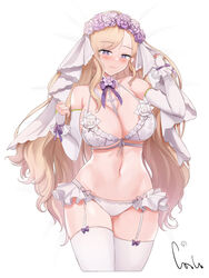 1girls 2021 armwear artist_signature belly big_breasts blonde_hair blueleviathan15 blush bra breasts bridal_gauntlets bridal_veil cleavage covered_nipples covered_pussy female female_focus female_only frilled_bra garter_straps legwear long_hair looking_at_viewer navel original panties pearl_necklace purple_eyes riba simple_background solo solo_female white_armwear white_background white_bra white_garter_straps white_legwear white_panties