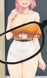 1girls bare_shoulders belt breasts busty cleavage collarbone curvy female glasses greentree hair_twirling head_out_of_frame heart hi_res id_card large_breasts last_origin no_bra orangeade_(last_origin) pink_hair reverse_x-ray reverse_x-ray_glasses reverse_x-ray_vision see-through skirt smile thick_thighs voluptuous