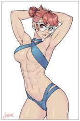 abs armpits arms_above_head bangs bare_arms bare_hips bare_legs bare_midriff belly_button bocas_top cowboy_shot earrings full_lips glasses hair_bun hands_behind_head looking_at_viewer muscular muscular_female navel obliques oc open_mouth pink_eyes pinup pinup_pose red_hair shardanic swimsuit thin thin_waist toned toned_female