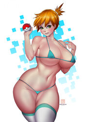 1girls alternate_breast_size artist_name asymmetrical_hair bangs belly bikini blue_background blue_eyes blush bokuman breasts breasts_bigger_than_head clothing cowboy_shot crop_top crossed_legs curvy eyebrows_visible_through_hair female female_only game_freak green_eyes gym_leader hair_ornament hanging_breasts high_resolution hip_focus holding holding_object holding_poke_ball huge_breasts human human_only kasumi_(pokemon) legs_together light-skinned_female light_skin looking_at_viewer midriff misty_(pokemon) misty_(pokemon_lgpe) navel nintendo orange_hair poke_ball poke_ball_(generic) pokemon pokemon_(game) pokemon_character pokemon_lgpe pokemon_rgby ponytail presenting presenting_self shirt short_hair side_ponytail simple_background solo standing swimsuit thick_thighs thighhighs thighs tied_hair very_high_resolution voluptuous watermark watson_cross white_background white_shirt wide_hips